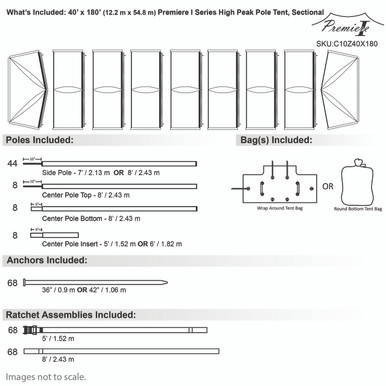 Celina Tent 40' x 180' Premiere I Series High Peak Pole Tent, Sectional Tent Top, Complete, with detailed diagram of poles, bags, anchors, and ratchet assemblies included.