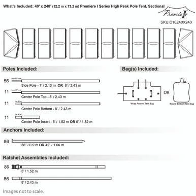 Celina Tent 40' x 240' Premiere I Series High Peak Pole Tent, sectional tent top with full set of poles, bags, anchors, and ratchet assemblies for complete setup.