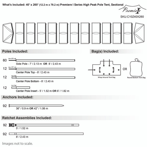 40' x 260' Premiere I Series High Peak Pole Tent, Sectional Tent Top, Complete