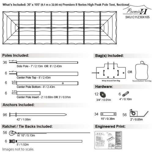 30' x 105' Premiere II Series High Peak Pole Tent, Sectional Tent Top, Complete