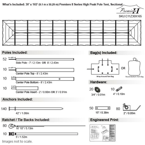 30' x 165' Premiere II Series High Peak Pole Tent, Sectional Tent Top, Complete