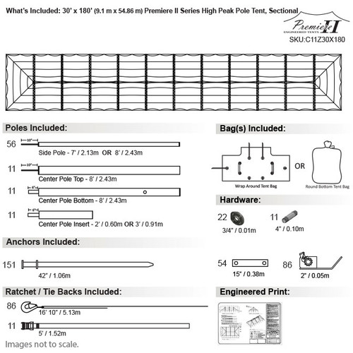 30' x 180' Premiere II Series High Peak Pole Tent, Sectional Tent Top, Complete