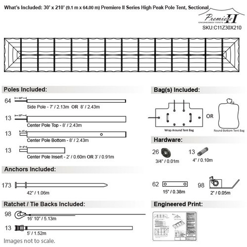30' x 210' Premiere II Series High Peak Pole Tent, Sectional Tent Top, Complete