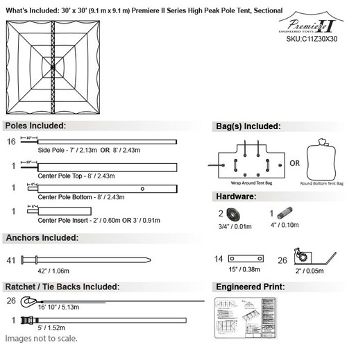 30' x 30' Premiere II Series High Peak Pole Tent, Sectional Tent Top, Complete