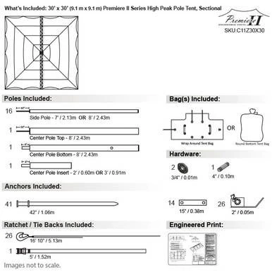 Celina Tent 30' x 30' Premiere II Series High Peak Pole Tent, Sectional Tent Top, Complete with detailed specifications and components diagram.