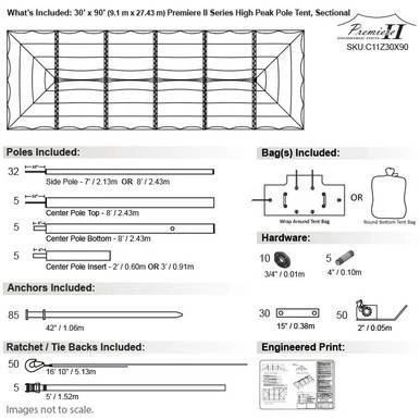 Celina Tent 30' x 90' Premiere II Series High Peak Pole Tent, sectional tent top for outdoor events, with detailed specifications and components diagram.