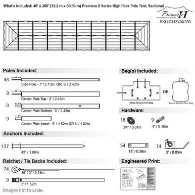 Celina Tent 40' x 200' Premiere II Series High Peak Pole Tent, Sectional Tent Top, Complete, showing a sectional view of the large rectangular high peak pole tent with detailed components and specifications.