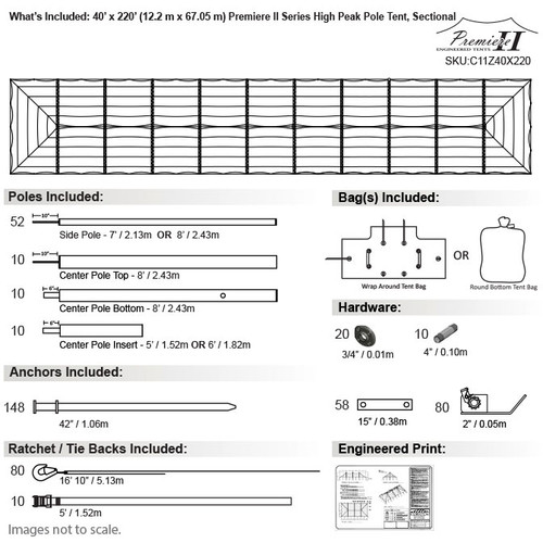 40' x 220' Premiere II Series High Peak Pole Tent, Sectional Tent Top, Complete