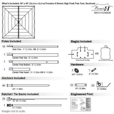 Celina Tent 40' x 40' Premiere II Series High Peak Pole Tent, Sectional Tent Top, Complete with detailed diagram of pole tent structure, included poles, bags, hardware, ratchet/tie backs, and engineered print.