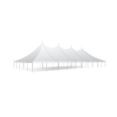 Celina Tent 50' x 100' Premiere II Series High Peak Pole Tent, sectional tent top, complete setup with multiple peaked sections and sturdy support poles.