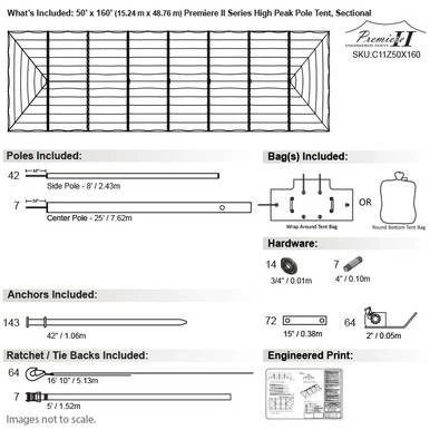 Celina Tent 50' x 160' Premiere II Series High Peak Pole Tent, Sectional Tent Top, Complete, technical diagram showing tent layout, poles, hardware, anchors, and engineered print.