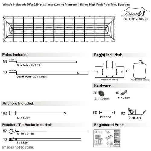 50' x 220' Premiere II Series High Peak Pole Tent, Sectional Tent Top, Complete