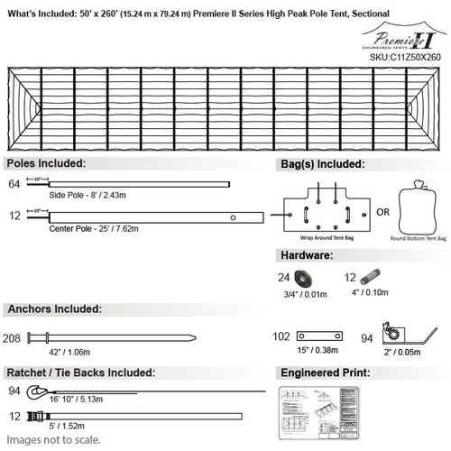 50' x 260' Premiere II Series High Peak Pole Tent, Sectional Tent Top, Complete