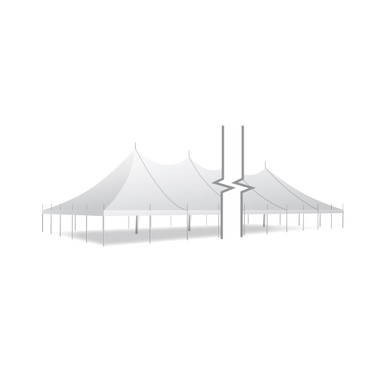 Celina Tent 50' x 260' Premiere II Series High Peak Pole Tent, Sectional Tent Top, Complete, image of a large white high peak pole tent with multiple sections and supporting poles under a neutral background.