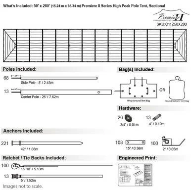 Celina Tent 50' x 280' Premiere II Series High Peak Pole Tent, sectional tent top, technical diagram showing poles, bags, hardware, anchors, ratchet/tie-backs, and engineered print.