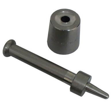Grommet Die Setting Tool, metal tool with a cylindrical die and long handle used for setting grommets.