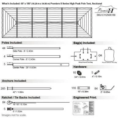 Celina Tent 60' x 180' Premiere II Series High Peak Pole Tent, Sectional Tent Top, Complete with section view and included components such as poles, bags, hardware, anchors, ratchet/tie backs, and engineered print.
