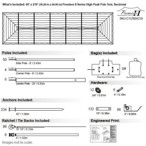 60' x 210' Premiere II Series High Peak Pole Tent, Sectional Tent Top, Complete