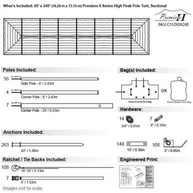 Celina Tent 60' x 240' Premiere II Series High Peak Pole Tent, sectional tent top with detailed diagram showing pole positions, hardware, anchors, ratchet/tie backs, and engineered print for assembly.