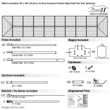 Celina Tent 60' x 300' Premiere II Series High Peak Pole Tent, Sectional Tent Top, Complete, technical diagram showing tent dimensions, pole specifications, and hardware details.