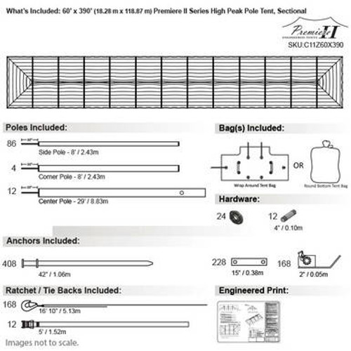 60' x 390' Premiere II Series High Peak Pole Tent, Sectional Tent Top, Complete