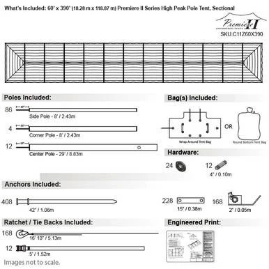 Celina Tent 60' x 390' Premiere II Series High Peak Pole Tent, Sectional Tent Top, Complete, with detailed specifications for poles, bags, hardware, anchors, ratchets, tie backs, and engineered print.