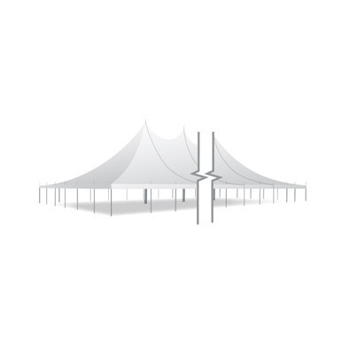 Celina Tent 60' x 420' Premiere II Series High Peak Pole Tent, sectional tent top, complete, showing a large, high peak pole tent with a white fabric top and supporting poles, set up for an outdoor event.