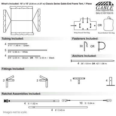 10' x 15' Classic Series Gable End Frame Tent, 1 Piece Tent Top, Complete, with detailed schematic diagram highlighting the tent's structure, tubing, fasteners, anchors, fittings, and ratchet assemblies.