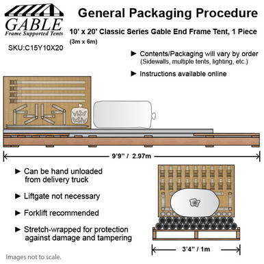 10' x 20' Classic Series Gable End Frame Tent, 1 Piece Tent Top, Complete, with diagram showing the frame structure, dimensions, and packing details.