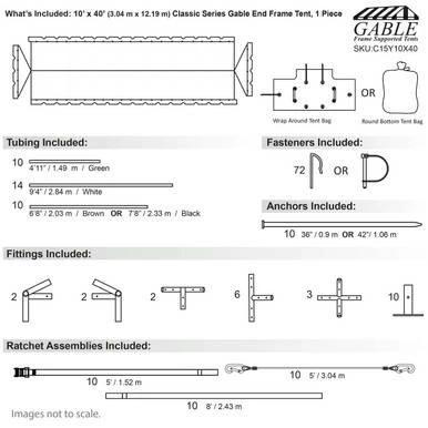 10' x 40' Classic Series Gable End Frame Tent, 1 Piece Tent Top, Complete - detailed technical drawing showing tent specifications, tubing, fasteners, anchors, fittings, and ratchet assemblies.