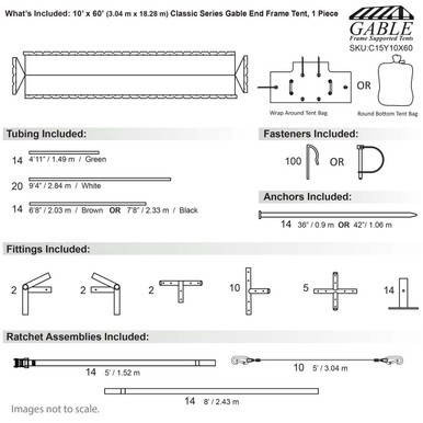 10' x 60' Classic Series Gable End Frame Tent, 1 Piece Tent Top in white, with detailed diagram showing included tubing, fasteners, anchors, fittings, and ratchet assemblies.
