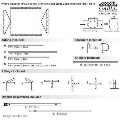 15' x 20' Classic Series Gable End Frame Tent, 1 Piece Tent Top, Complete, technical diagram showing tent dimensions, components, tubing, fasteners, anchors, fittings, and ratchet assemblies.