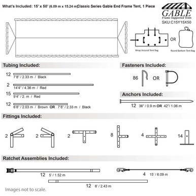 15' x 50' Classic Series Gable End Frame Tent, 1 Piece Tent Top, Complete, technical diagram showing components such as tubing, fasteners, anchors, fittings, and ratchet assemblies.