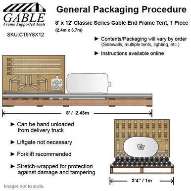 8' x 12' Classic Series Gable End Frame Tent, 1 Piece Tent Top, complete, with an overview of its packaging, setup instructions, and dimensions.