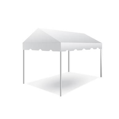 8' x 12' Classic Series Gable End Frame Tent, 1 Piece Tent Top, Complete, white outdoor canopy with four metal legs and a peaked roof design.