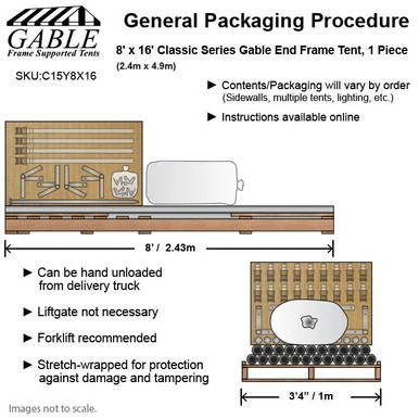 8' x 16' Classic Series Gable End Frame Tent, 1 Piece Tent Top, Complete, with a compact diagram showing its dimensions, components, and packaging details.