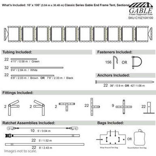 10' x 100' Classic Series Gable End Frame Tent, Sectional Tent Top, Complete 10' x 100' Classic Series Gable End Frame Tent, Sectional Tent Top, Complete