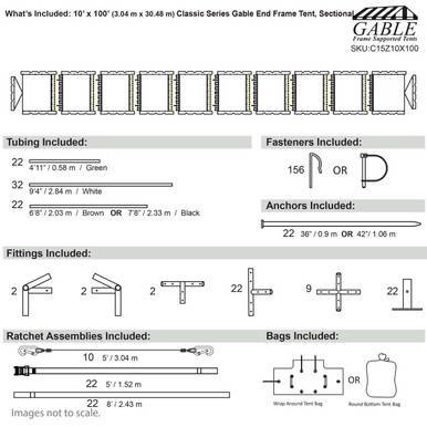 Celina Tent 10' x 100' Classic Series Gable End Frame Tent, sectional tent top, complete with tubing, fasteners, anchors, fittings, ratchet assemblies, and bags displayed in an assembly diagram.