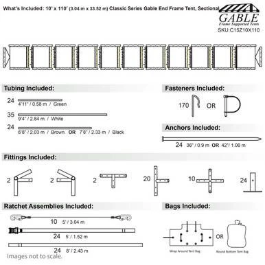 Celina Tent 10' x 110' Classic Series Gable End Frame Tent, Sectional Tent Top, Complete, with detailed illustrations of tubing, fasteners, anchors, fittings, ratchet assemblies, and bags included.