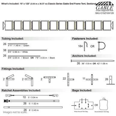 Celina Tent 10' x 120' Classic Series Gable End Frame Tent, Sectional Tent Top, Complete, with detailed diagram of tubing, fasteners, anchors, fittings, ratchet assemblies, and bags included.