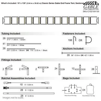 Celina Tent 10' x 130' Classic Series Gable End Frame Tent, Sectional Tent Top, Complete, with detailed specifications of tubing, fasteners, anchors, fittings, ratchet assemblies, and bags included.