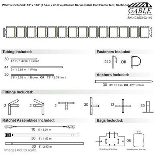 10' x 140' Classic Series Gable End Frame Tent, Sectional Tent Top, Complete