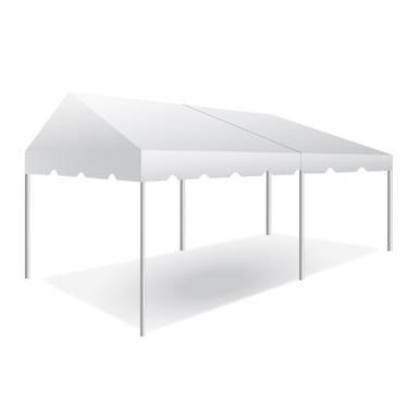 Celina Tent 10' x 20' Classic Series Gable End Frame Tent, Sectional Tent Top, Complete, white sectional outdoor tent with gable end frames and metal support poles for events and gatherings.