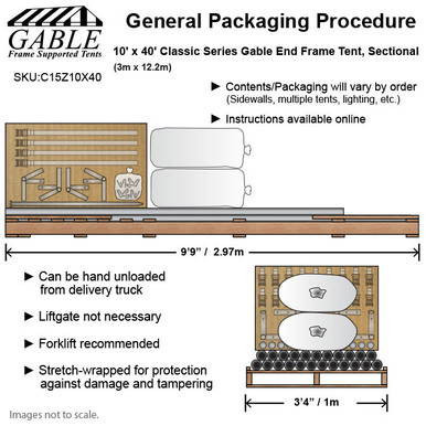 Celina Tent 10' x 40' Classic Series Gable End Frame Tent, Sectional Tent Top, Complete with detailed diagram and specifications.