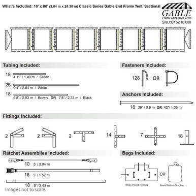 Celina Tent 10' x 80' Classic Series Gable End Frame Tent, Sectional Tent Top, Complete, with detailed schematic diagrams of tubings, fasteners, anchors, fittings, ratchet assemblies, and included accessories.