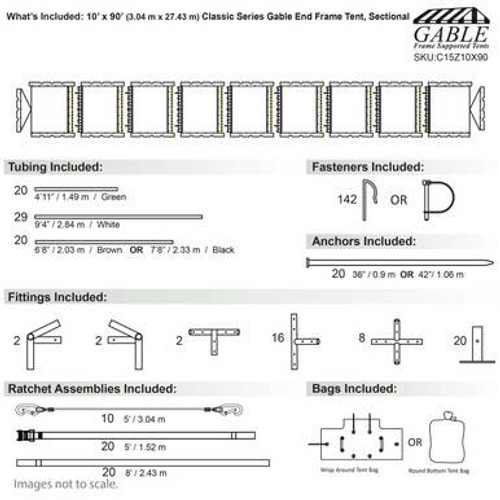 10' x 90' Classic Series Gable End Frame Tent, Sectional Tent Top, Complete
