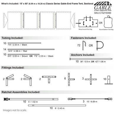 15' x 60' Classic Series Gable End Frame Tent, Sectional Tent Top, Complete, technical diagram showing tent frame dimensions, components, tubing, fasteners, anchors, fittings, and ratchet assemblies.