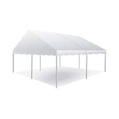 Celina Tent 20' x 20' Classic Series Gable End Frame Tent, Sectional Tent Top, Complete, white outdoor event tent with sturdy support poles and gable end panels.