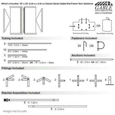 Celina Tent 20' x 20' Classic Series Gable End Frame Tent, Sectional Tent Top, Complete, with detailed components including tubing, fasteners, anchors, fittings, and ratchet assemblies for durable outdoor event setup.