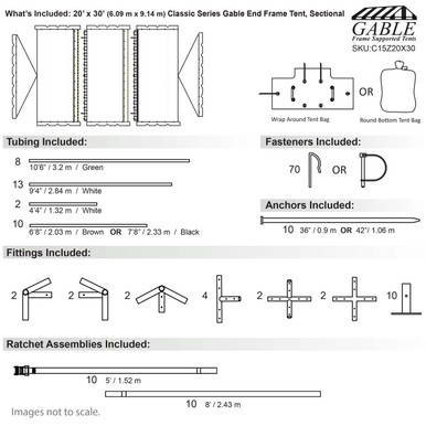 Celina Tent 20' x 30' Classic Series Gable End Frame Tent, Sectional Tent Top, Complete, with detailed specifications of tubing, fasteners, anchors, fittings, and ratchet assemblies for assembly.